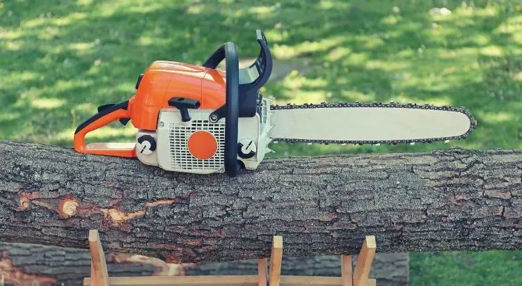 a chainsaw resting on a log