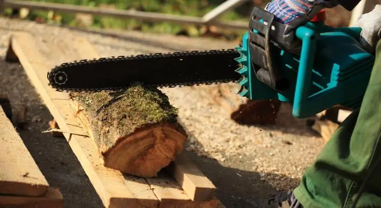 chainsaw with spikes cutting a log